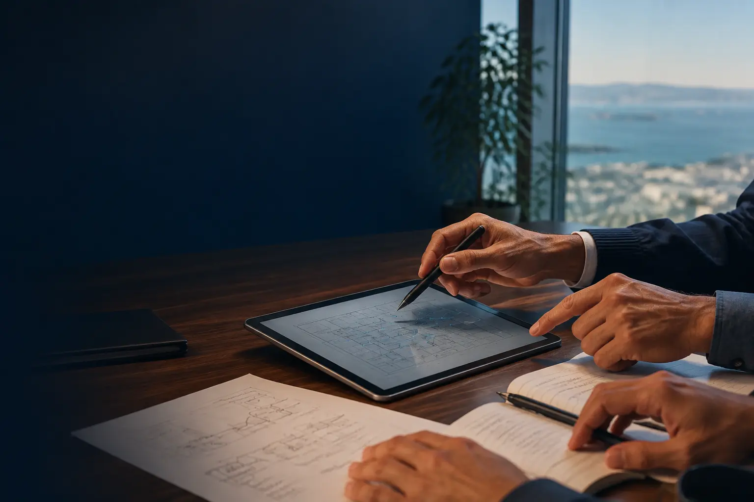 Experienced professionals reviewing a technology plan together in a San Diego office