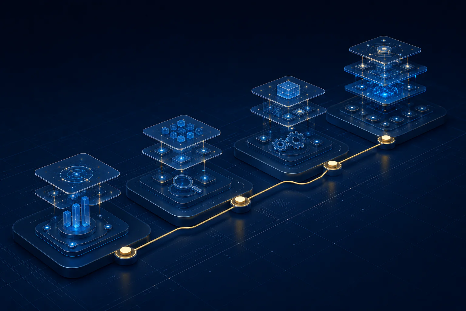 A connected technology roadmap moving through discovery, design, implementation, and continuous improvement