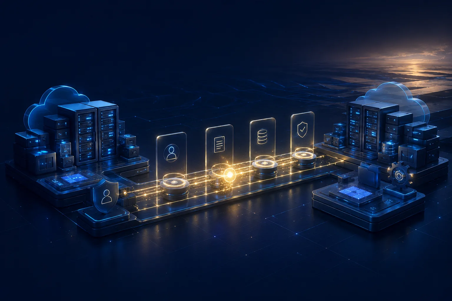 Two managed environments connected by a lit transition path carrying identity, documentation, data, and security controls from one to the other