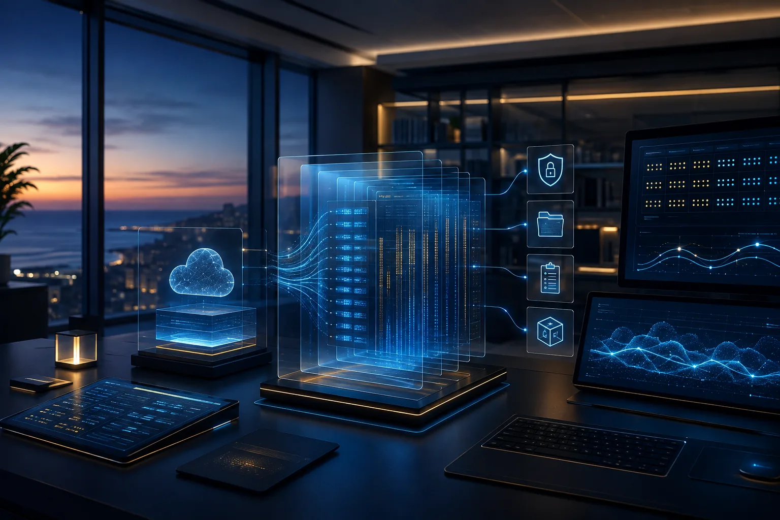 A dark waterfront office desk with layered translucent ledgers and analytics dashboards flowing into a cloud, alongside security, folder, and checklist controls.