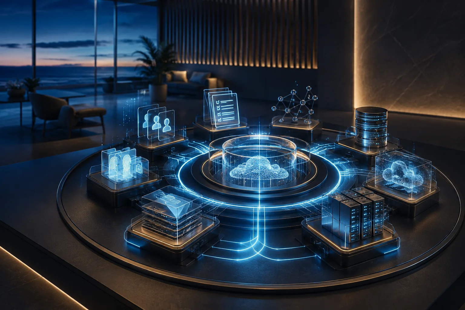 A circular platform ringed with holographic panels for client records, identity, controls, and stored data, connected to a secure central data cloud.