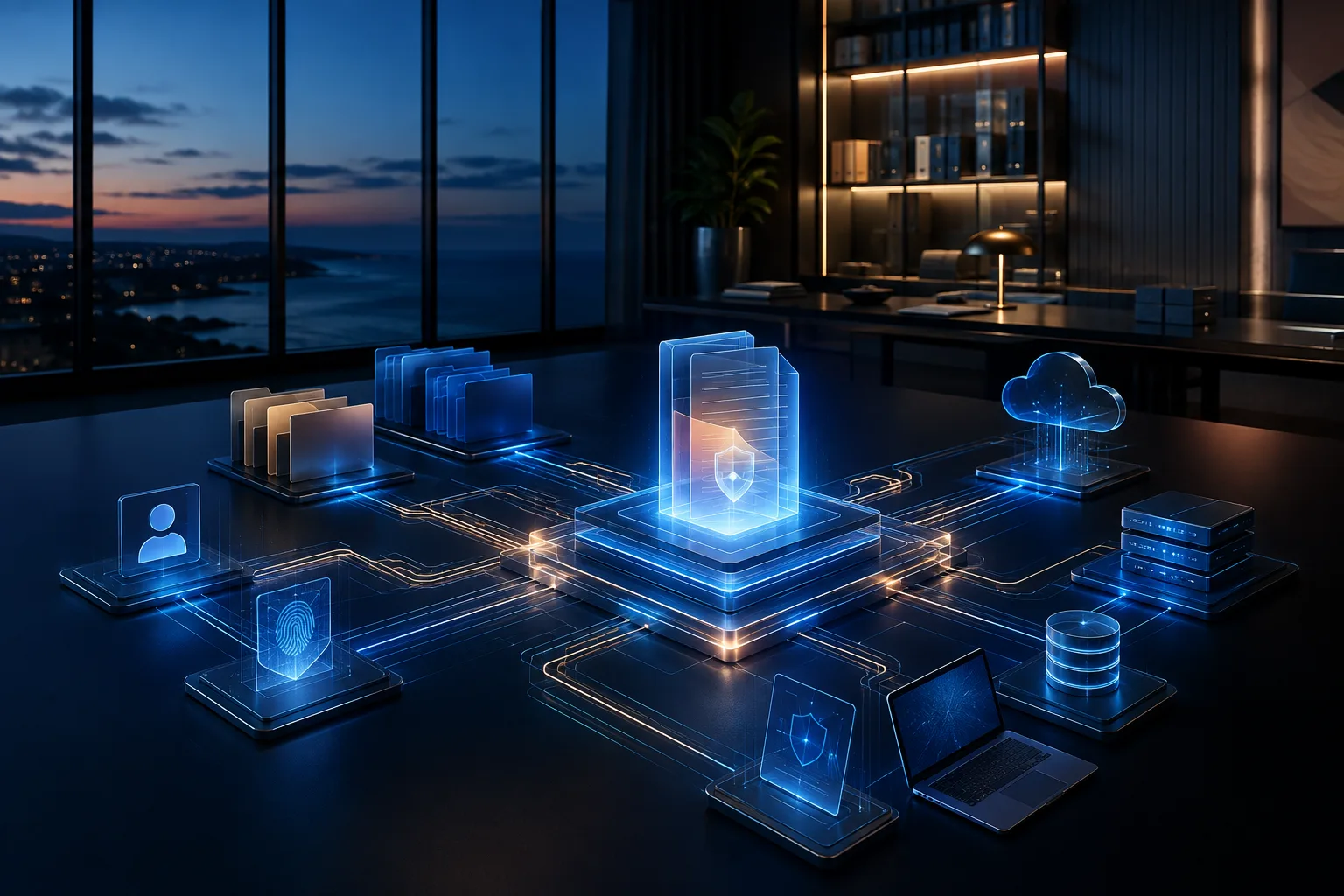 A dark waterfront office with a glowing document and shield at the center, connected to client records, folders, secure access, and cloud storage.