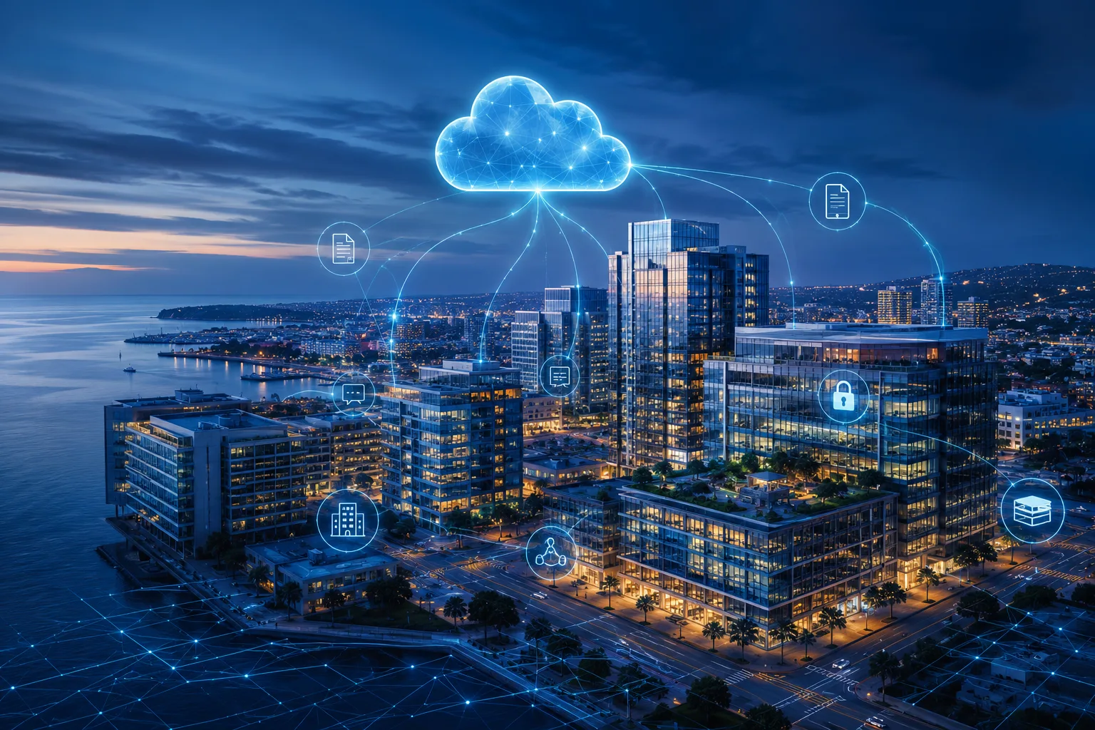 An aerial view of a San Diego waterfront business district at dusk, its buildings linked by a glowing network to a central cloud and document, location, and security markers.