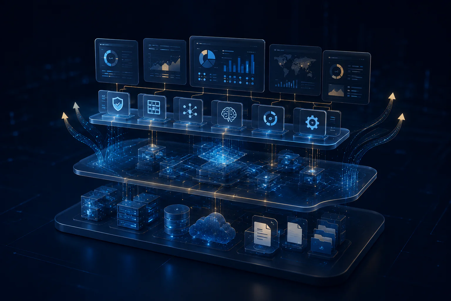 Business data flowing through a governed AI layer into analysis, operating views, and automated actions